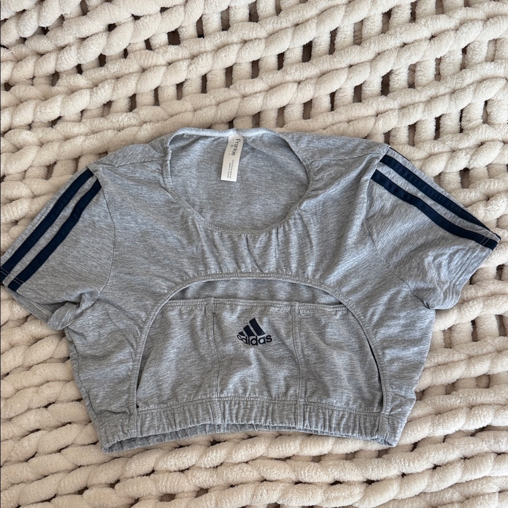 Adidas Frankie Collection: Heather Gray Crop Top with Dark Blue Stripes